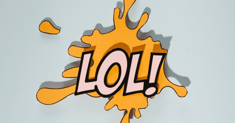 LOL in a fun font with an exclamation point at the end with a yellow splatter behind it