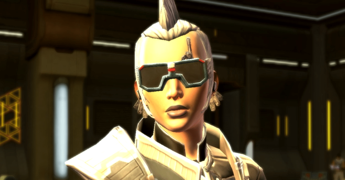 Picture of Star Wars The Old Republic Character created by Crystal Storm. Her Name is Reide and she is a smuggler. She has a white mohawk, a cyborg right eye and is wearing a pair of dark goggles over her eyes.
